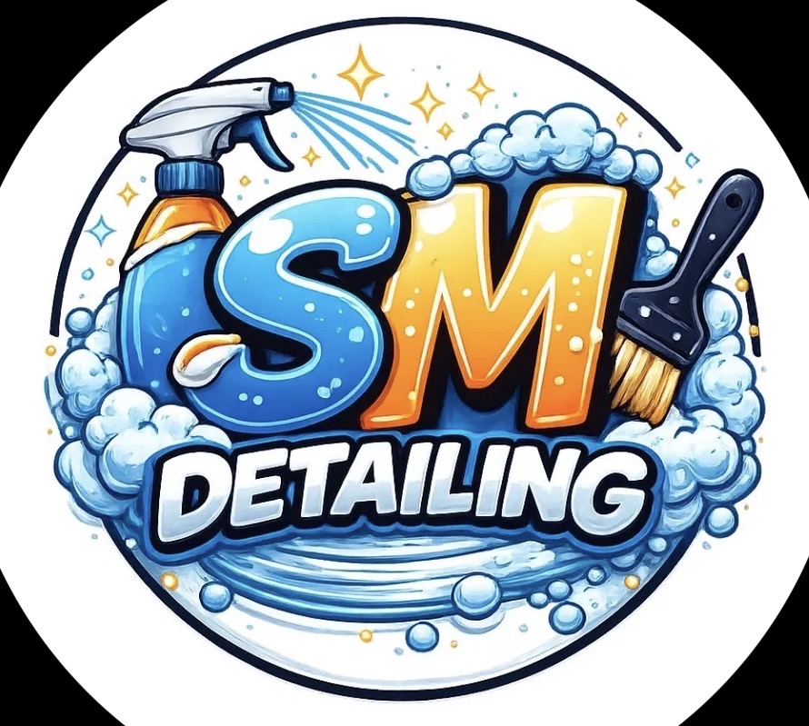 SM Detailing — illustrated logo with spray bottle, suds and brush